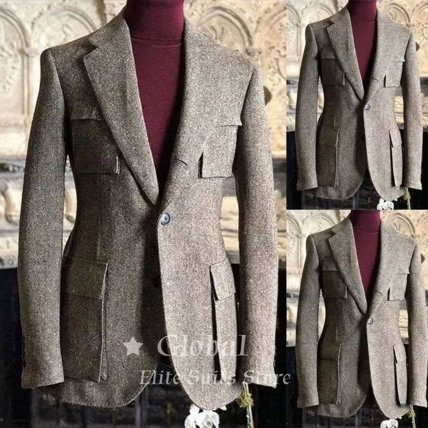 Men Brown Speckled Tweed Safari Blazer Notch Lapel Multi Patch Pockets Slim Fit Wool Suit Jacket Single Coat Only Customized