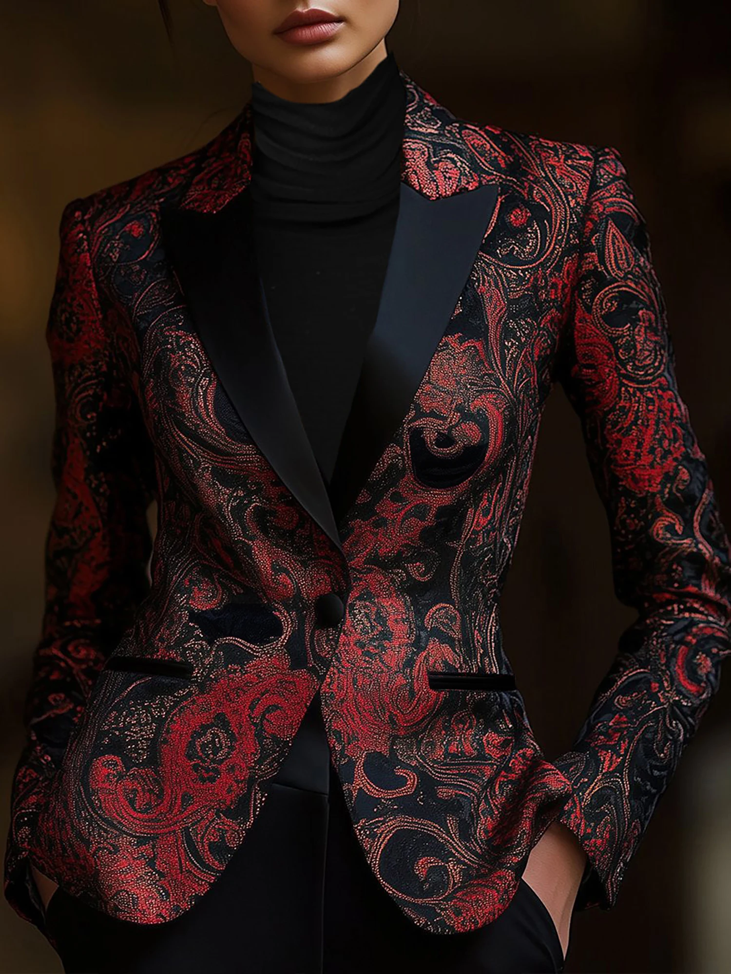 Blazer élégant à manches longues imprimé floral pour femme – Veste chic à col en V avec poches, vêtements d'extérieur élégants