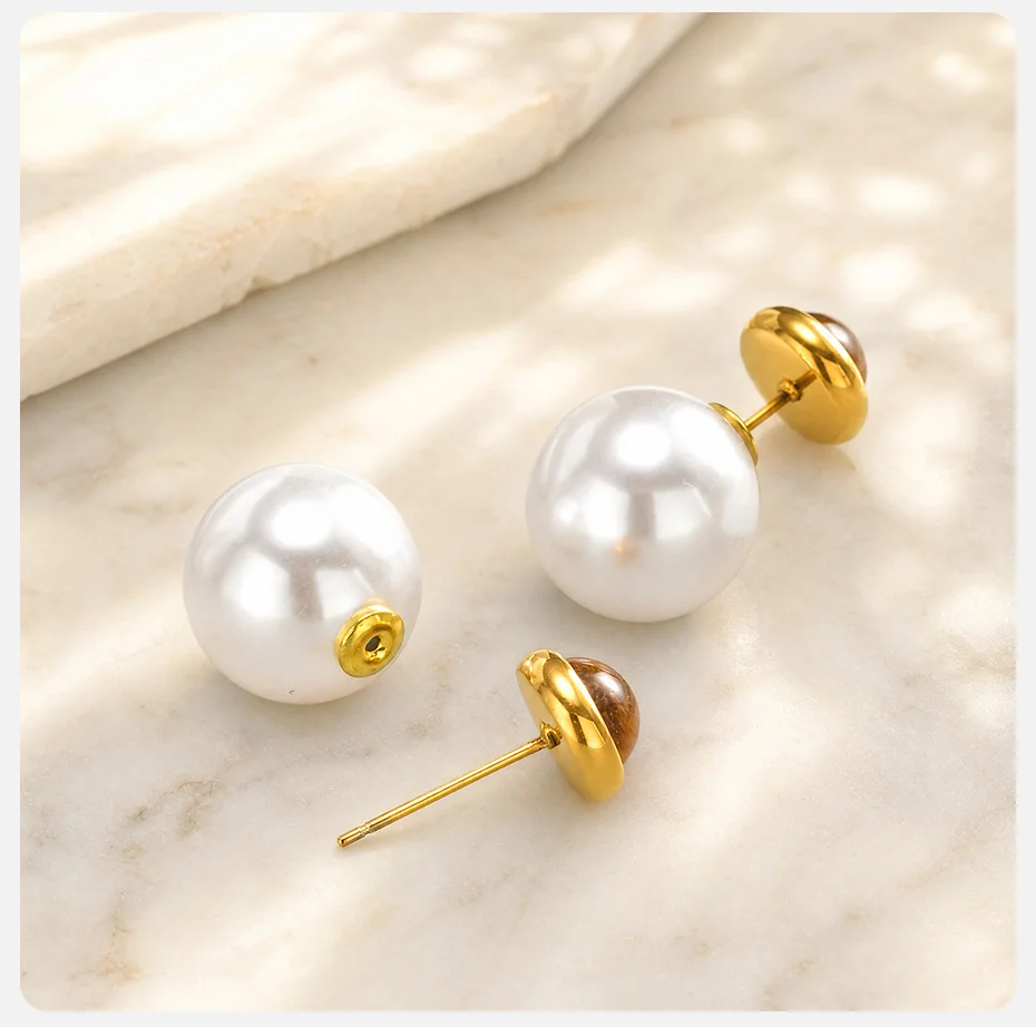 Vnox Vintage Tigerauge Ohrstecker für Damen, Elegante 18K Vergoldete Edelstahl-Imitationsperlen-Kugel-Ohrringe, Alltagsschmuck – Detail 6