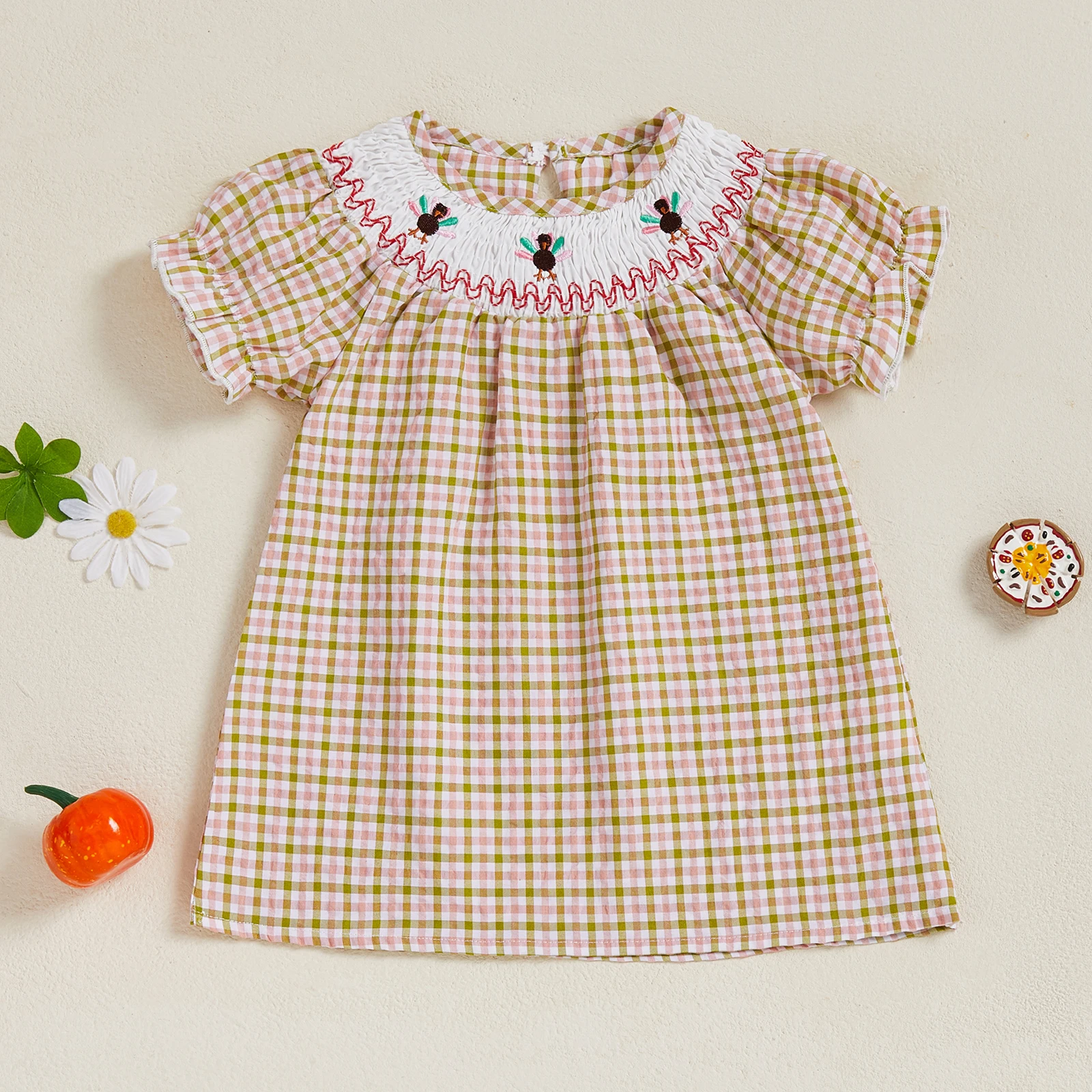 

Little Girls Thanksgiving A-line Dress Short Sleeve Round Neck Turkey Embroidery Plaid Dress