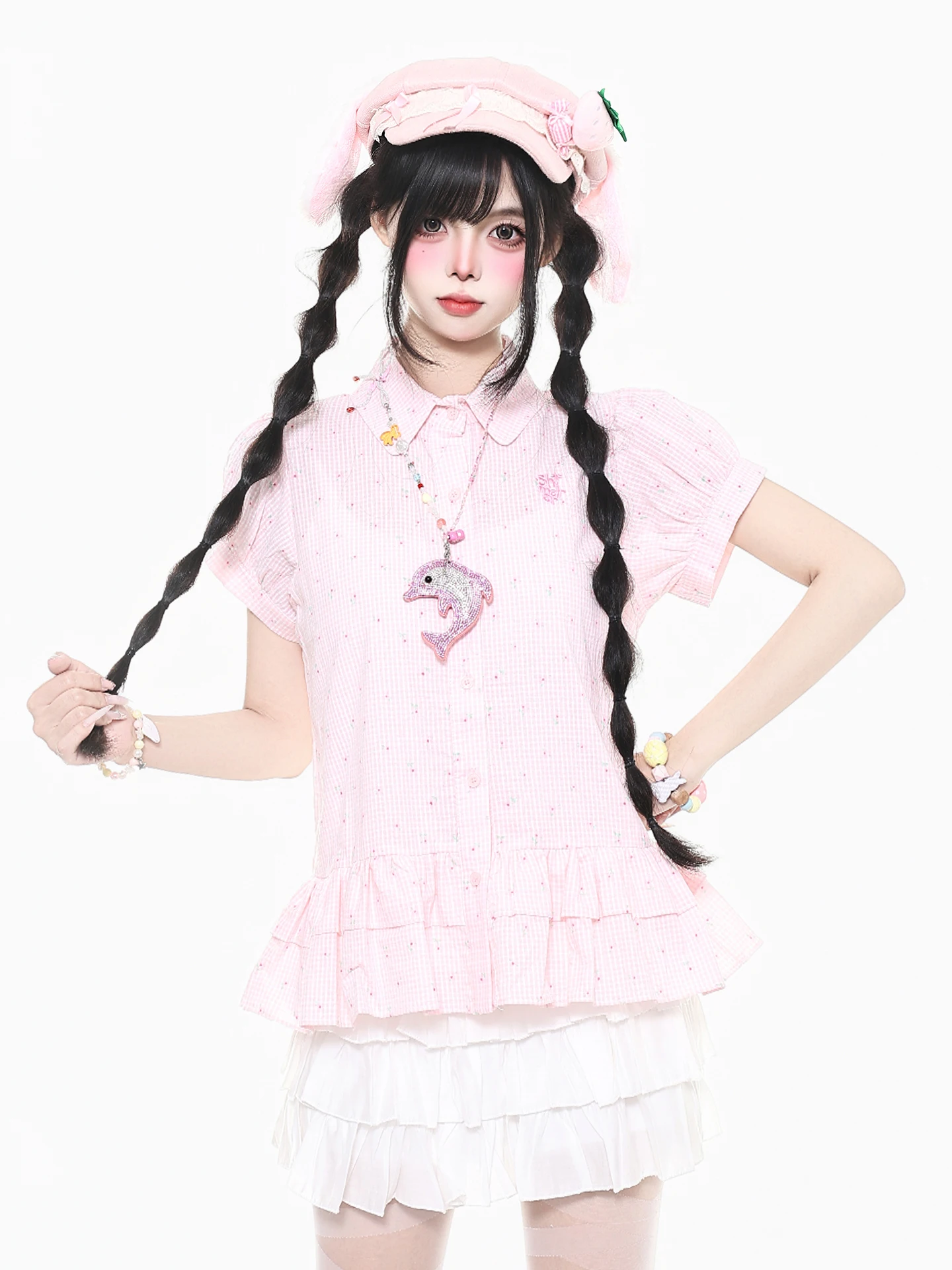 Sweet Orange Marmalade YO Korean Style Checkered Bubble Sleeve Short Sleeve Women's Summer Ruffle Collar Shirt Top