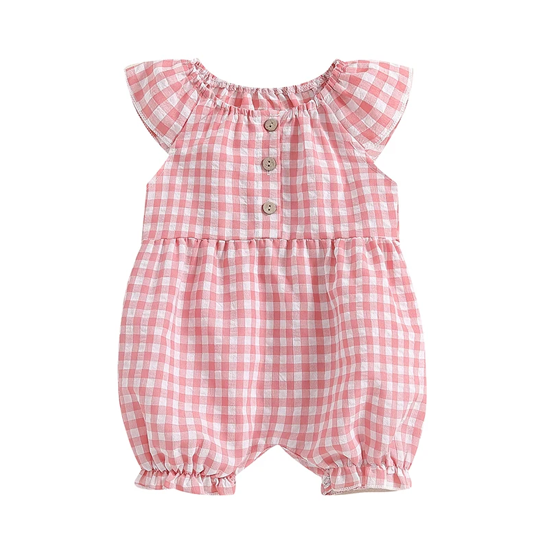 

Baby Girls Romper Plaid Buttons Fly Sleeve Elastic Round Neck Jumpsuits Bodysuits Summer Casual Clothes