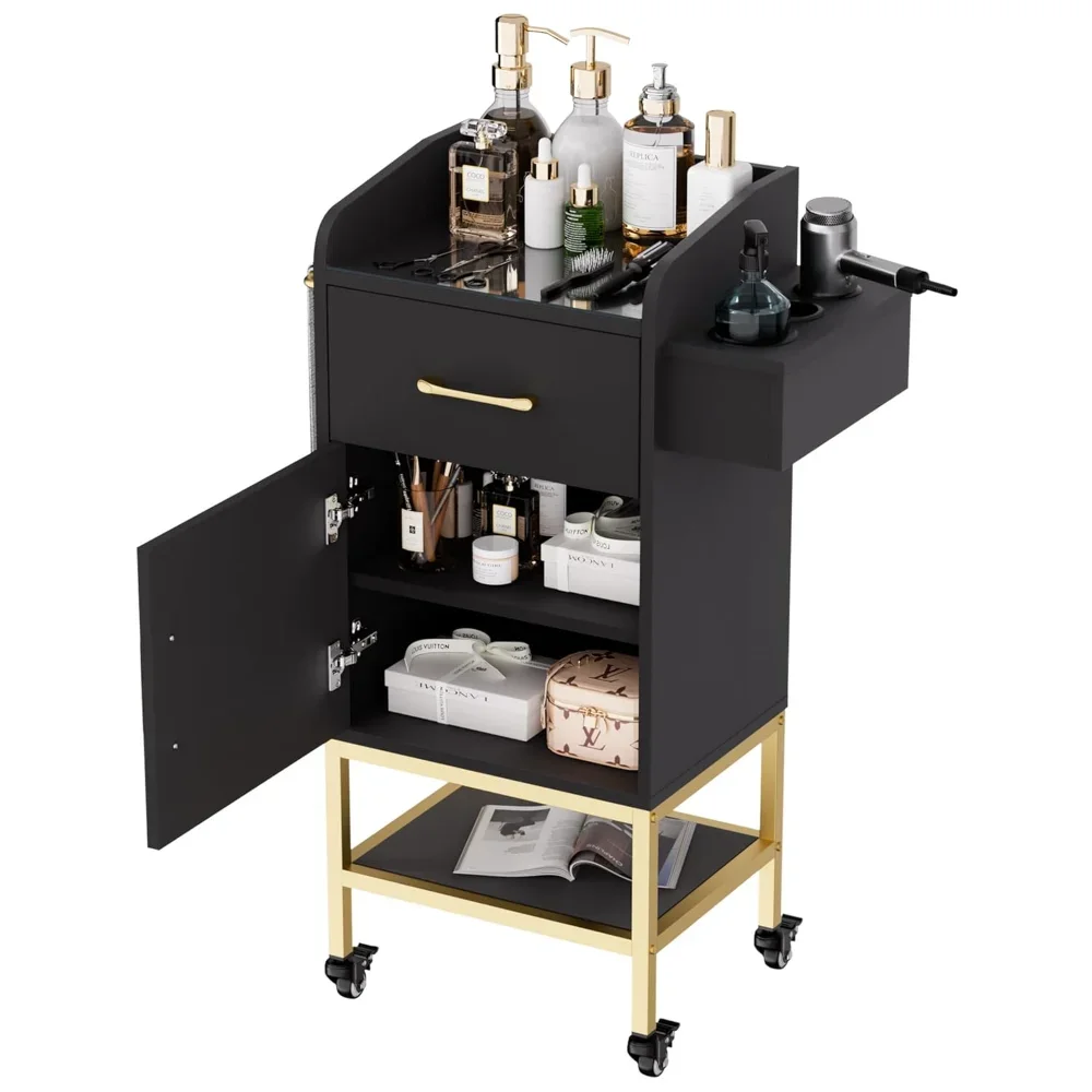 

Salon Station,Glass Top Trolley Cart Beauty Storage Cabinet Black Rolling Hair Stations for Stylist with Lockable Wheels, Drawer