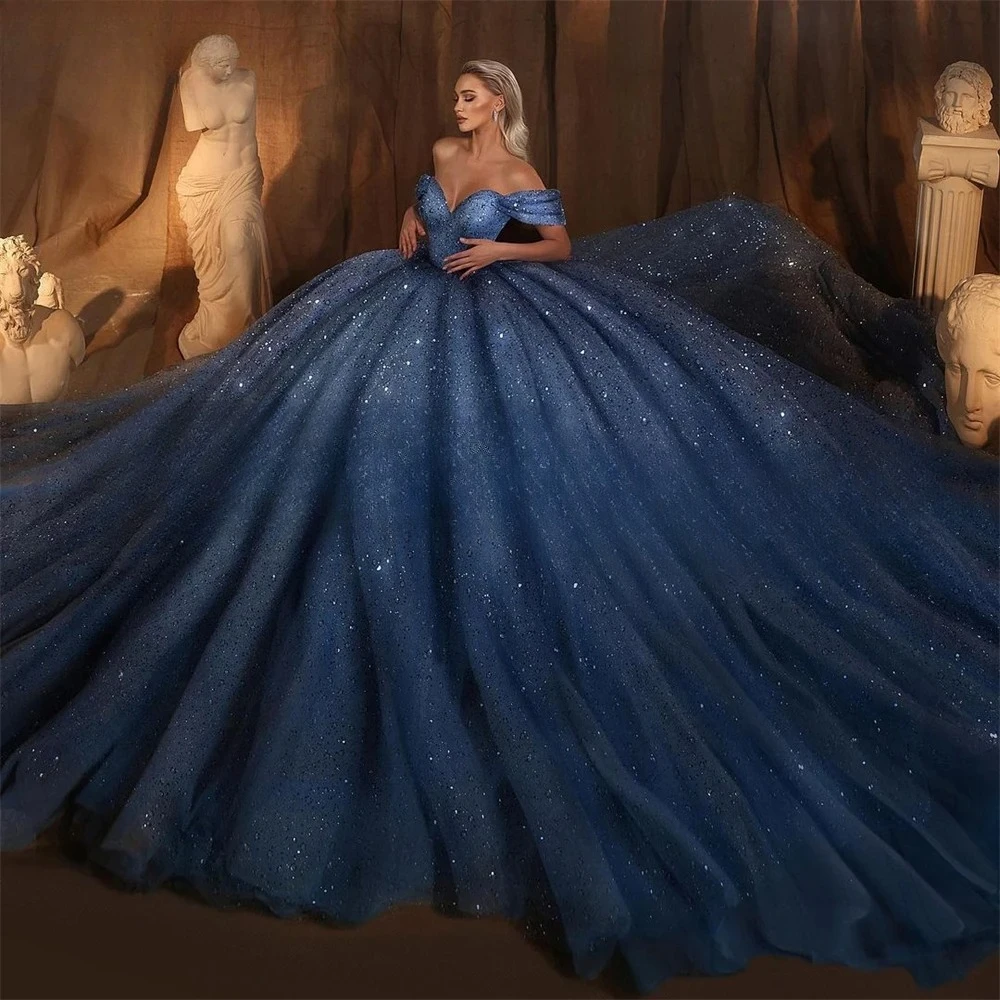 Royal Blue Glitter Wedding Dresses Off Shoulder Puffy Sparkly Bridal Ball Gown Sequin Princess Bride Gown Customized
