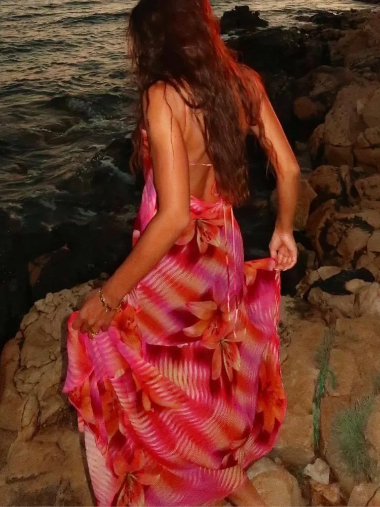 Fashion Dress For Women Chic Flower Printed V Neck Beach Sleeveless Backless Ruffles Midi Dresses 2025 Summer Lady Holiday Robes