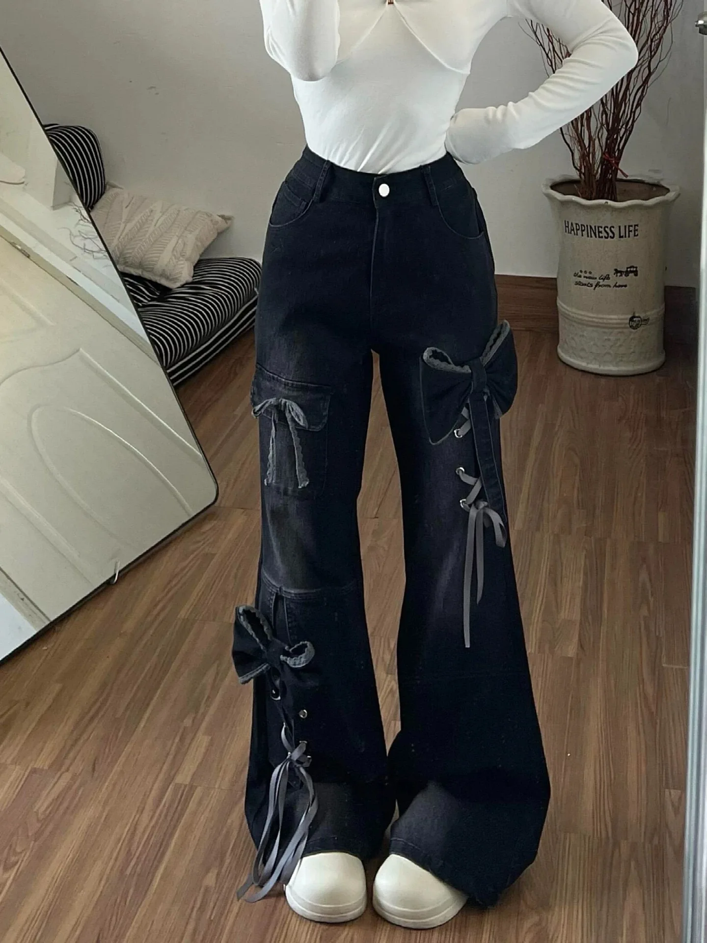 Women's Low Rise Flare Jeans Bow Lace Up Japanese Designer Denim Pants Shoujo Y2k American Retro Bell Bottom Jeans Harajuku New