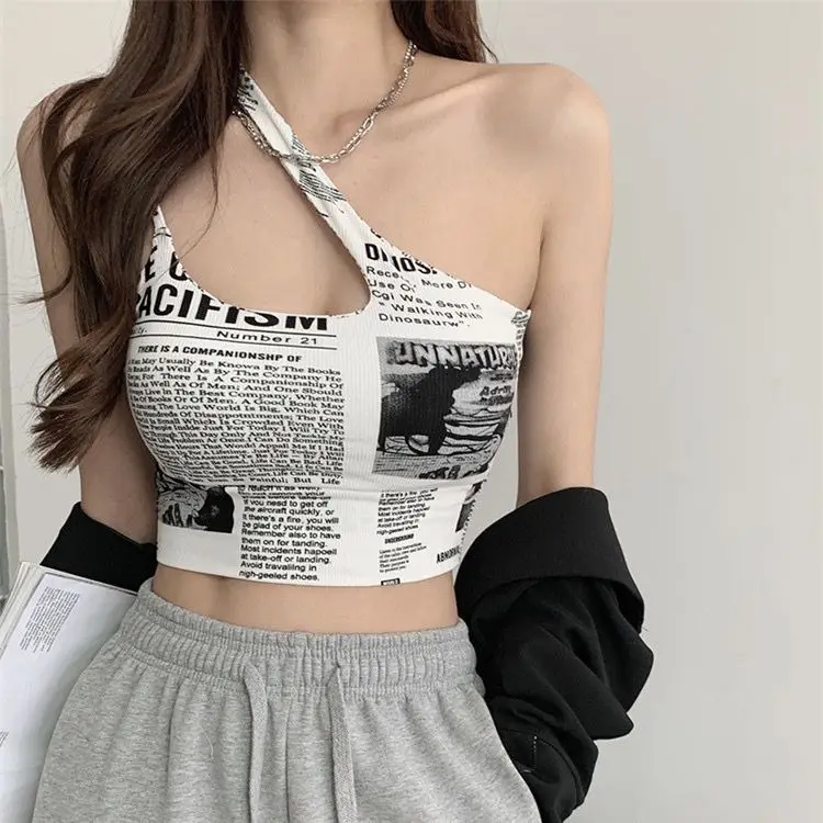 Newspaper Printed Breathable Tank Sexy Hot Girl Backless Slant Shoulder Vest Women Design Inner Camisole Crop Top Female Clothes