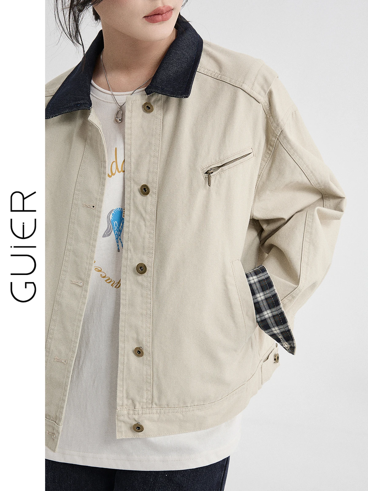 

Guier Women's Collared Jaet Coat Plaid Patchwork Retro Casual Top Spring 2026 New Arrival Loose Fit Long Sve Button Closure