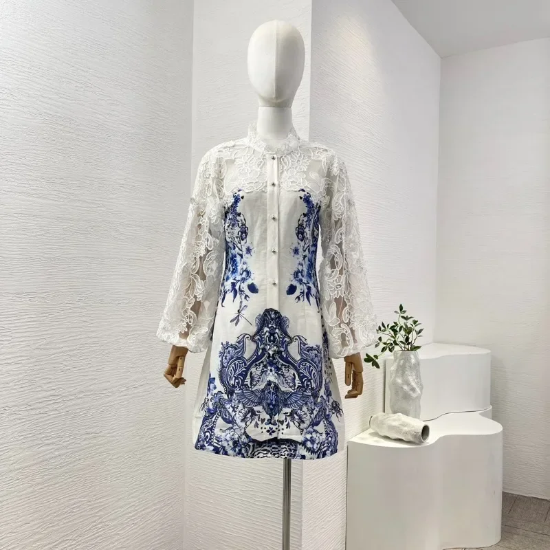 Women\'s White Blue Floral Print Long Sleeve Lace Embroidery Mini Dress Elegant Ladies Holiday New High Quality