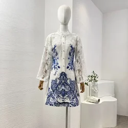 Women's White Blue Floral Print Long Sleeve Lace Embroidery Mini Dress Elegant Ladies Holiday New High Quality