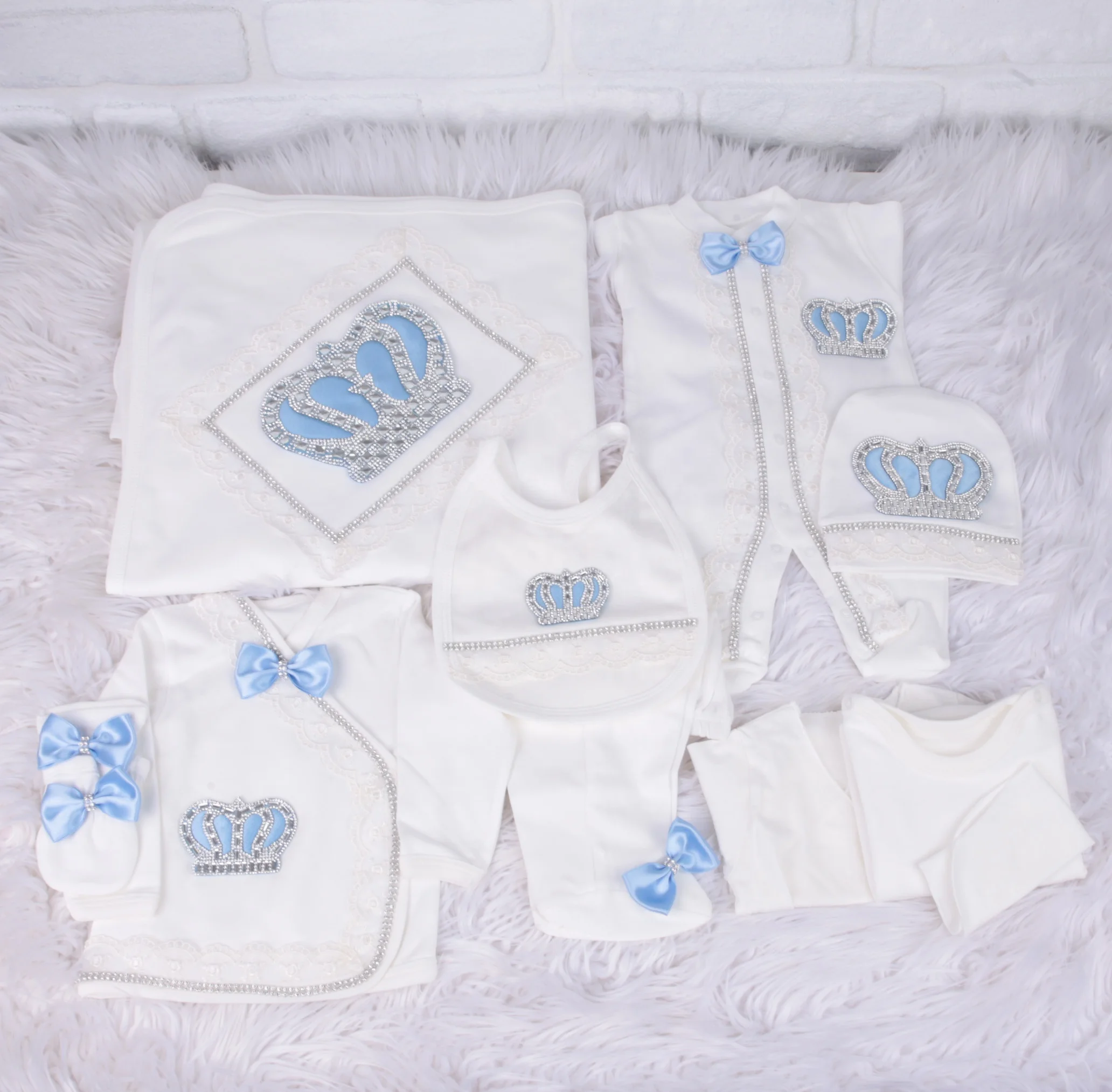 Wholesale Custom 100% Cotton Fabric Knitted Long Sleeve 10pieces Blue High Quality Cotton Newborn New Design Baby Boy Romper Set