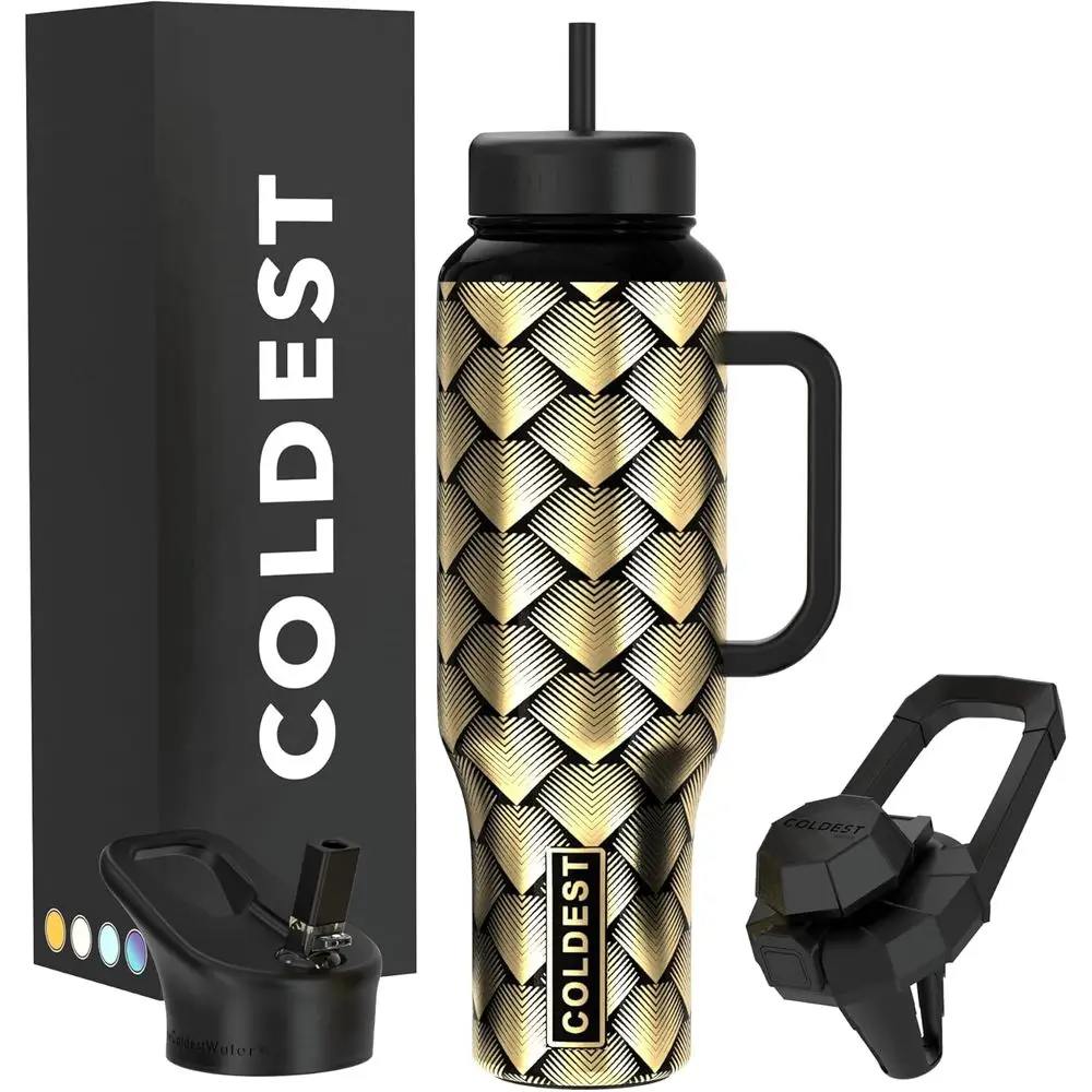 

Leak-Proof Insulated Tumbler with Handle, Straw, and 3 Lids - Stainless Steel, 46 oz, Gold Dragon Design