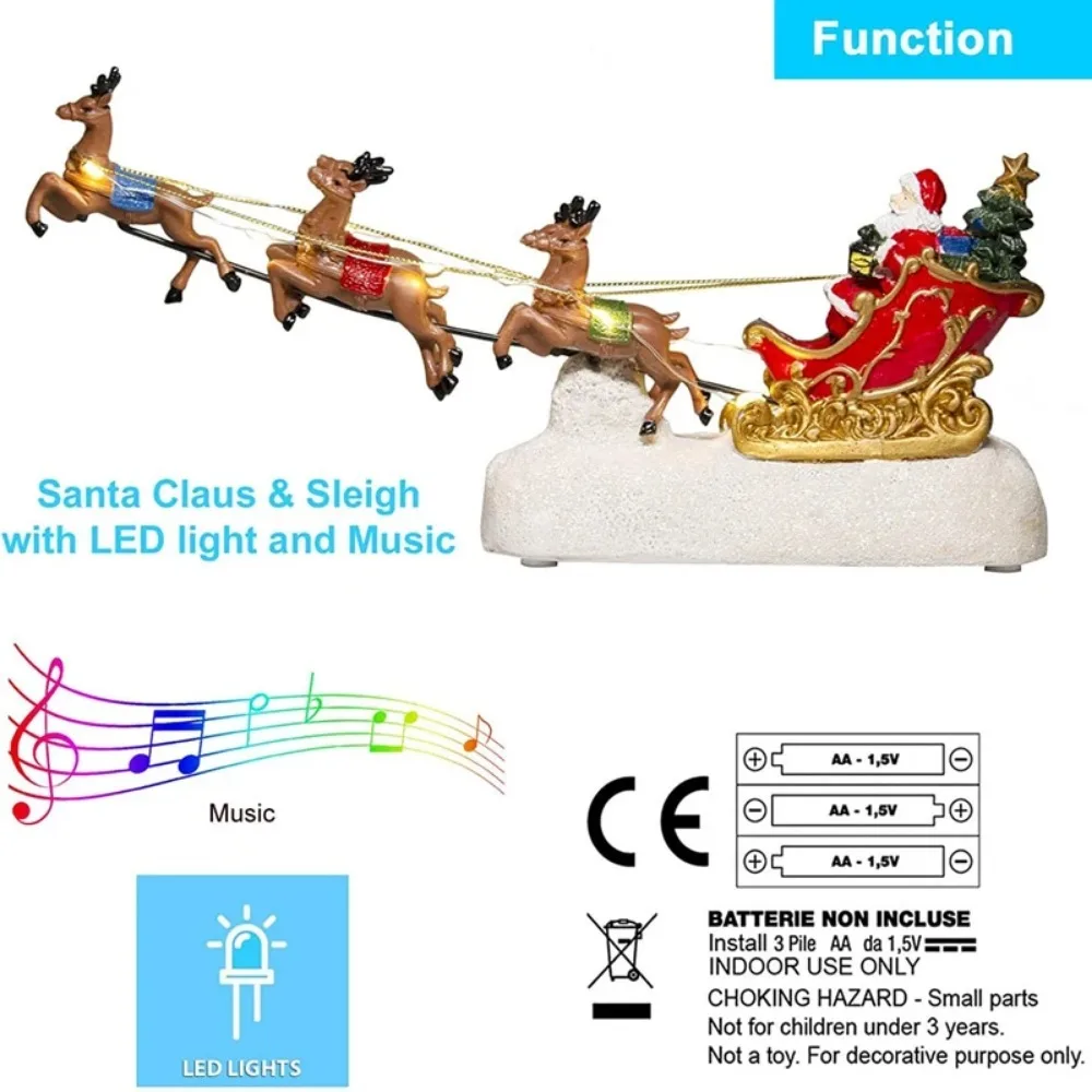 Christmas Village Decoration Santa Sleigh & Reindeer Collectible Figurine Pre-lit Musical Indoor Holiday Displays Ornaments Gift