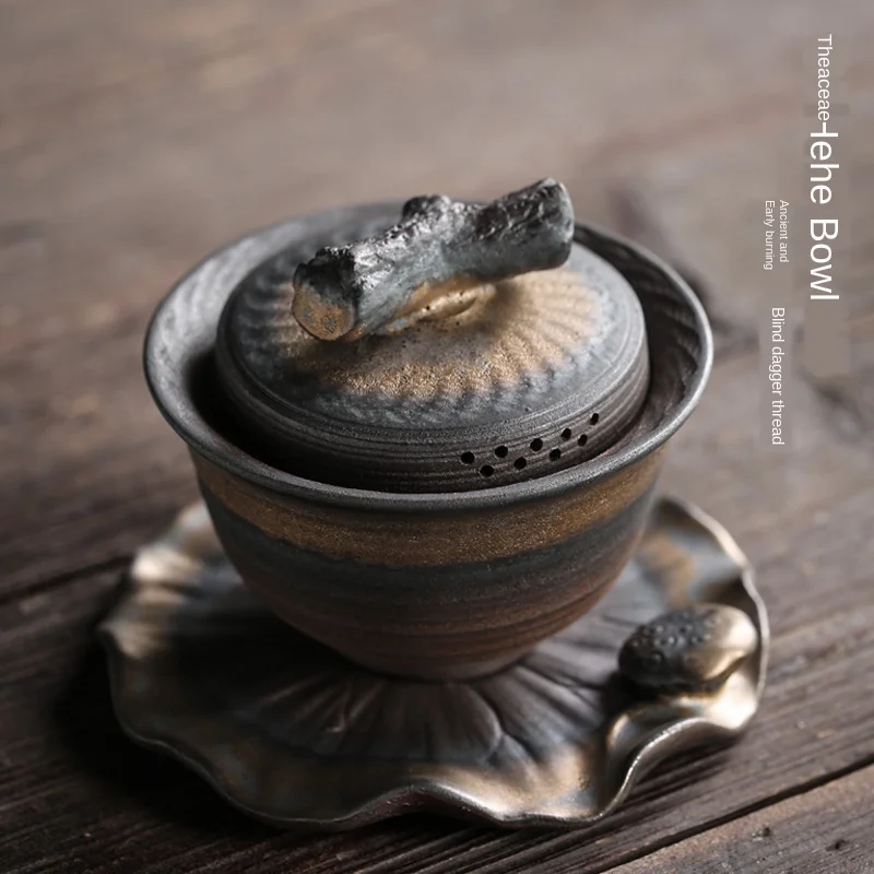 The Hand Knife Jumping Teapot Teacup, The Iron Glaze Tea Bowl  Sopera De Ceramica  Coarse Pottery Tea Set Gaiwan Ceramic