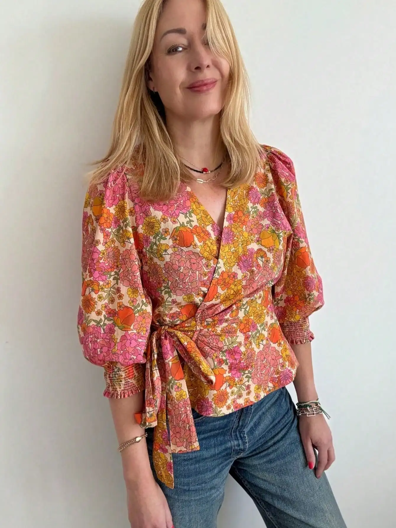 

Women's Floral Wrap Blouse Puff Sleeve Ruched Cuff Casual Top