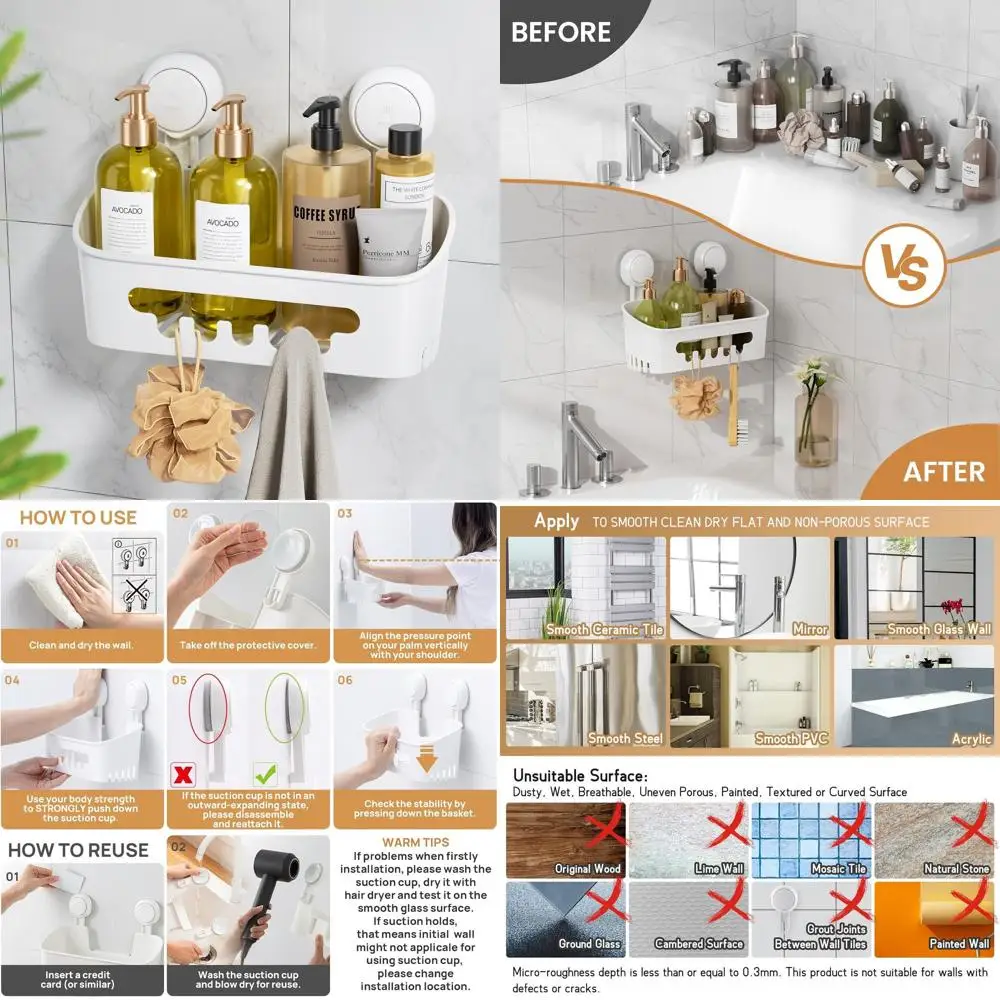 

Корзина для душа на присоске, водонепроницаемый органайзер для полки для ванной комнаты, съемный держатель для хранения для душа, максимальная емкость 22 фунта, белый