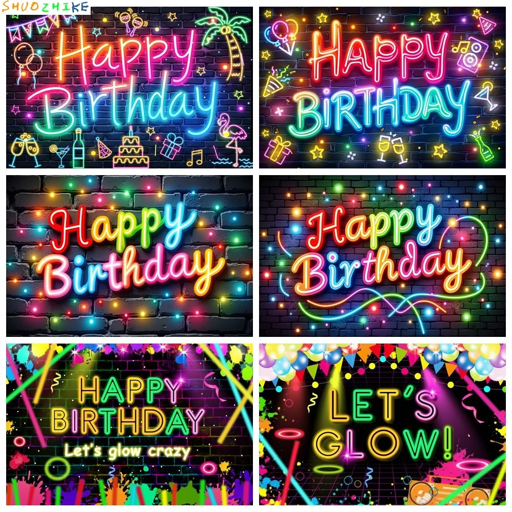 

Glow Happy Birthday Background Neon Lights Brick Wall Baby Shower Kids Adult Birthday Party Decoration Banner Photo Background