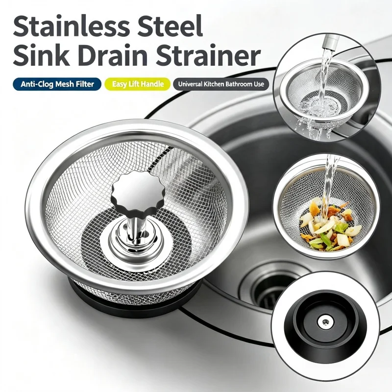 Stainless Steel Kitchen Sink Strainer Anti-Clog Drain Filter Basket With Handle Sink Drain Mesh Catcher For Kitchen Bathroom