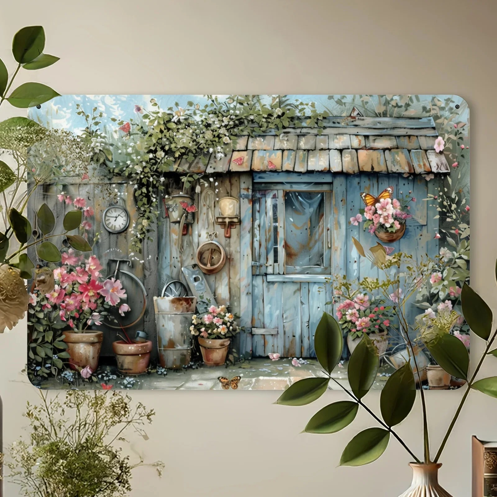 1pc Floral Butterfly Rustic Vintage Garden Shed Metal Sign 2D Flat Decor for Home Patio 30.48x20.32cm