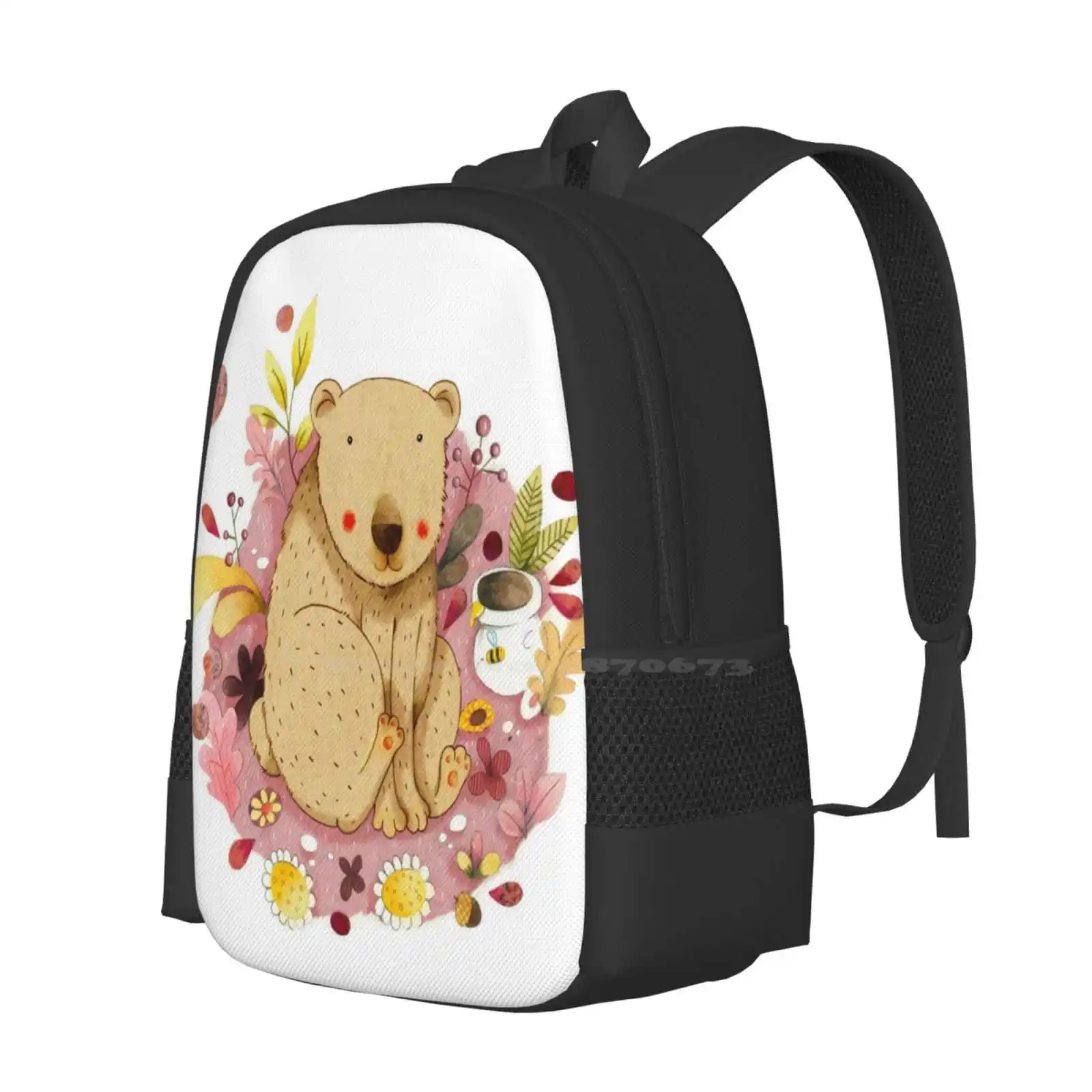 Bear With Honey-Pot Bag Backpack For Men Women Girls Teenage Bear Flowers Collage Animal Honey Pot Nature Pink Red Kids