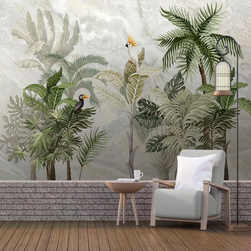 Papel tapiz fotográfico personalizado para paredes, patrón de mármol de estilo europeo 3 D, pintado a mano, hoja de planta, pintura de pared de