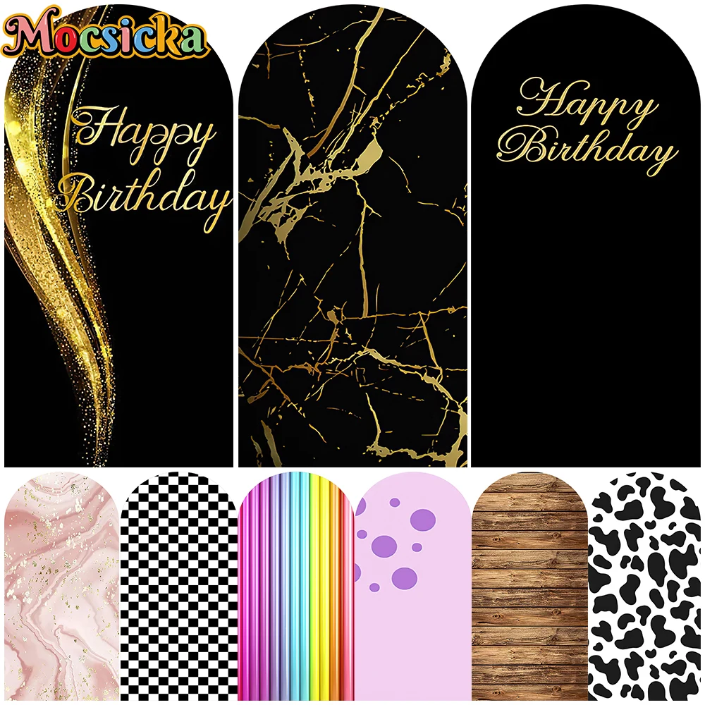 Mocsicka Black Gold Arch Backdrop Cover Baby Shower Happy Birthday Arched Background Soft Elastic Double-Sided Fabric Party Prop