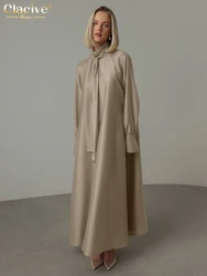 Clacive Casual Loose Khaki Women Dress 2025 Fashion Stand Collar Long Sleeve Ankle Length Dresses Elegant Backless Female Dress