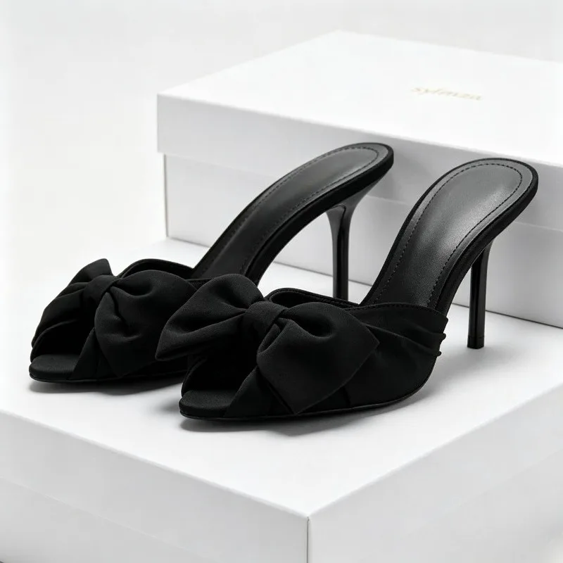Bowknot Pleated Heels Slippers Women Black Elegant Peep Toe Slide Female Fashion Fine Heeled Sandals Designer Sandalias De Mujer
