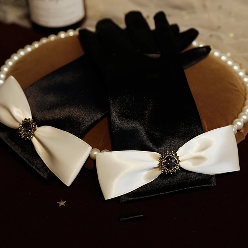 Korean Solid Color Satin Black Bow Rhinestones Studio Photo Wedding Dress Gloves Women Summer Driving Sunscreen Gloves S95