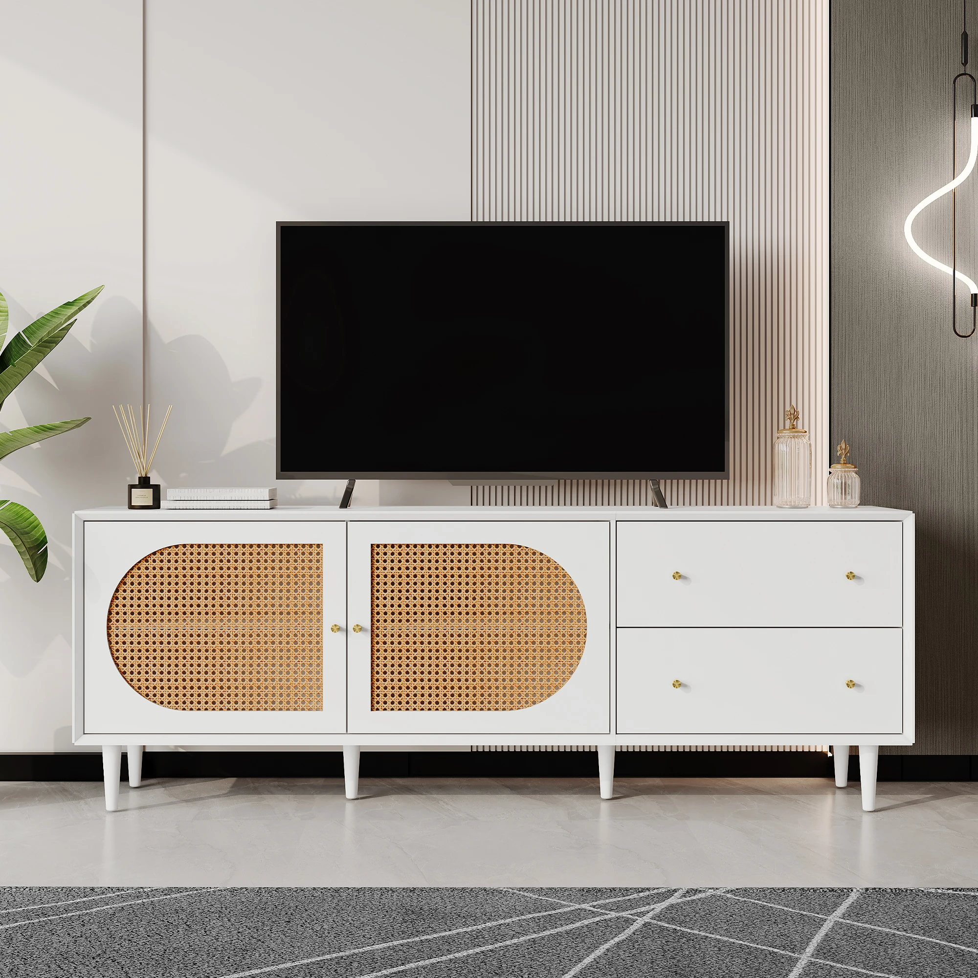 VSOGA Practical White TV Cabinet With Solid Wood Legs And Ample Storage Space - 2 Drawers, 2 Doors, Stylish Rattan Design 180*40*50cm