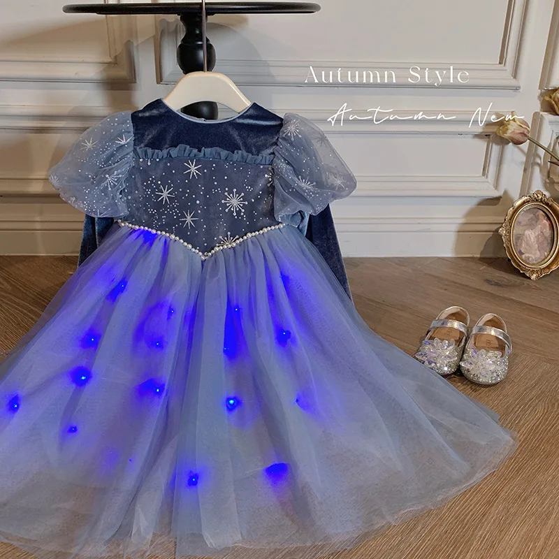 \'Luminous Princess Autunno Bambini Compleanno Abito da ragazza Gonna in tulle gonfio blu stile palazzo