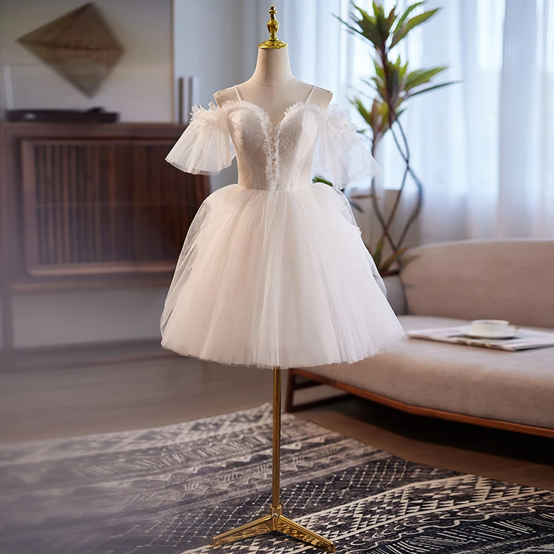 AnXin SH princesa flor blanca encaje correa de espagueti volantes manga corta con cordones vestido de noche personalizado pequeño vestido blanco