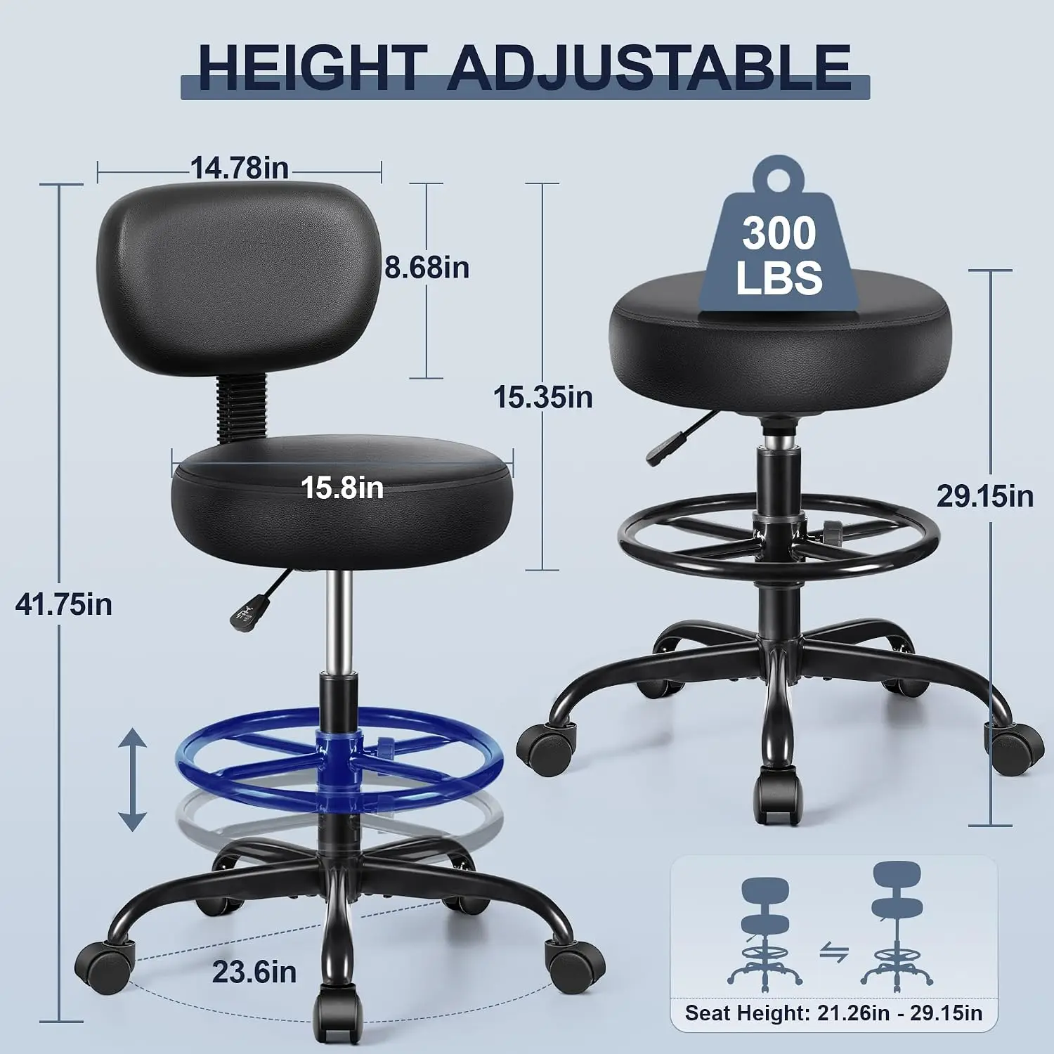 Drafting Stool with Backrest & Footrest, Adjustable PU Leather Swivel Rolling Chair for Office Studio Lab Salon Bar, Customized