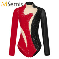 Women's Rhinestone Sheer Mesh Long Sleeve Ballet Dance Bodysuit Patchwork Gymnastics Leotard Acrobatics Figure Skating Jumpsuit