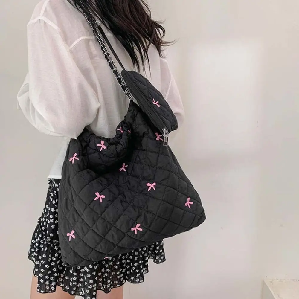 

Korean Style Space Cotton Underarm Bag Bow Printing Plaid Rhombic Lattice Handbag with Coin Purse Tote Bag Bubble Cloud Bag