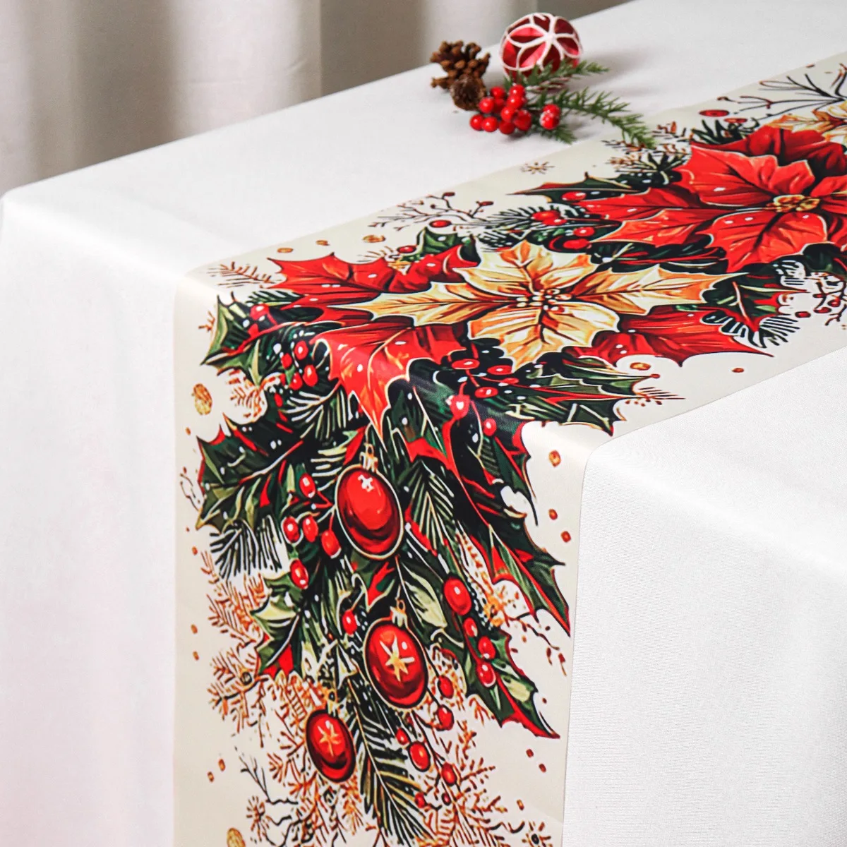 Retro Weihnachts-Tischläufer mit Weihnachtsstern- und Stechpalmen-Design aus Polyester, Festliche Partydekoration, Weihnachtsdekoration 2026 – Detail 2