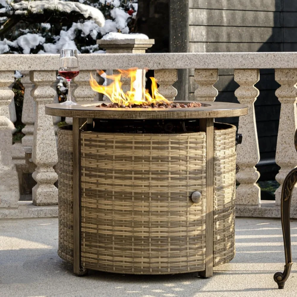 

32 inch Propane Fire Pit Table,Wicker Gas Fire Pits Table with Lid & Lava Rocks, 50000 BTU Round Propane Firepit , Fire Table