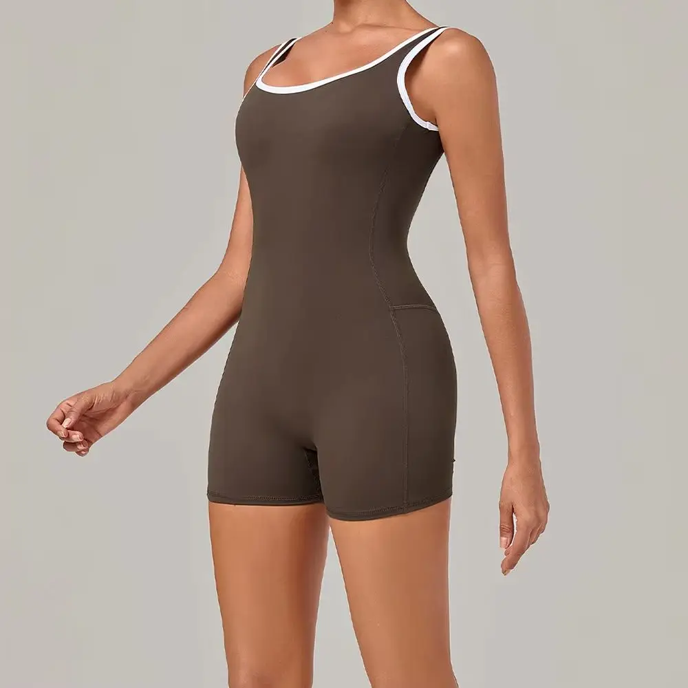 Women Yoga Jumpsuit Fitness Bodysuits Gym Clothing Workout  Rompers Removable Padded Open Back V Seam White Trim Straps Overalls
