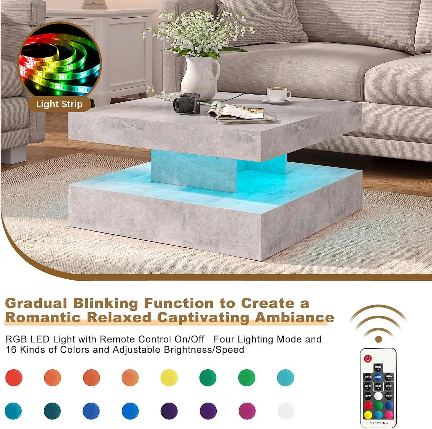 Modern Grey LED Square Coffee Table - 2-Tier Contemporary Wood Center Table with Storage, for Living Room/Dining/Reception