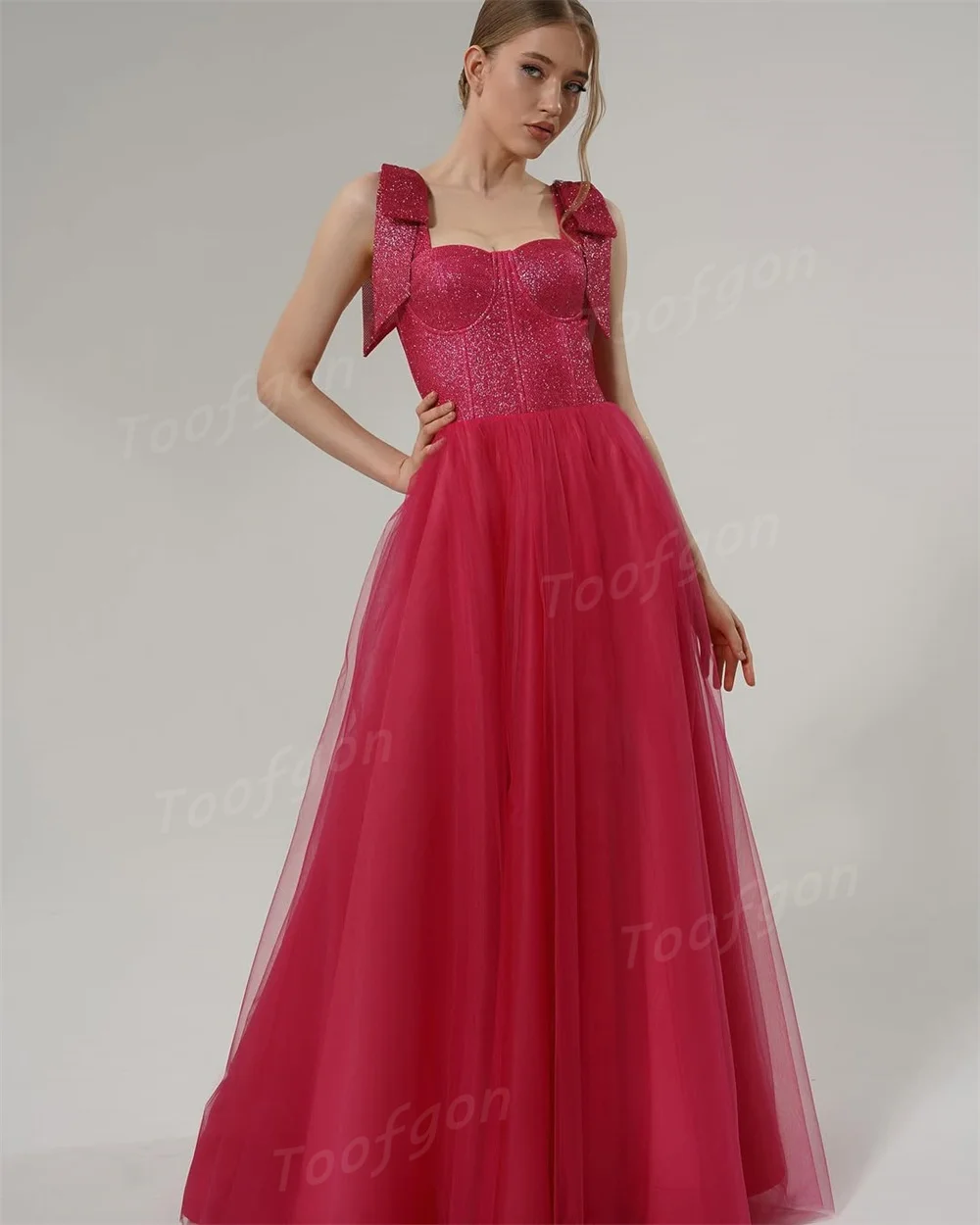 Toofgon brilhante vermelho a linha vestidos de noite personalizado brilhante querida vestidos de baile feminino rendas até vestido de festa ocasião especial
