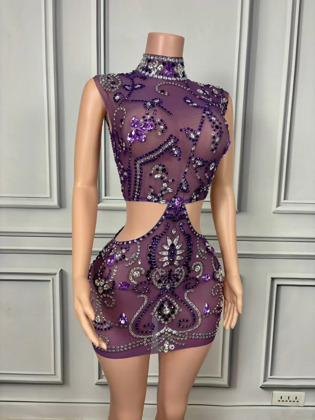 Luxury Rhinestones Mesh See Through Cut Out Sexy Mini Dress Party Club Birthday Evening Celebrate Prom Gowns Stage Wear