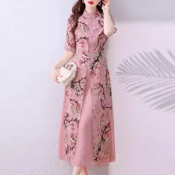 New Chinese Style Dress For Summer 2024 Retro Women Short Sleeve Fashion Print Elegant Improved Cheongsam Long Aodai Dress K2022