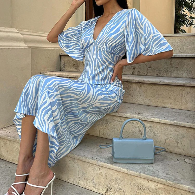 2024 New Arrival V-Neck Short SLeeve Women Summer Boho Vacation Long Dress Elegant Striped Maxi Dress Vestidos Clothes