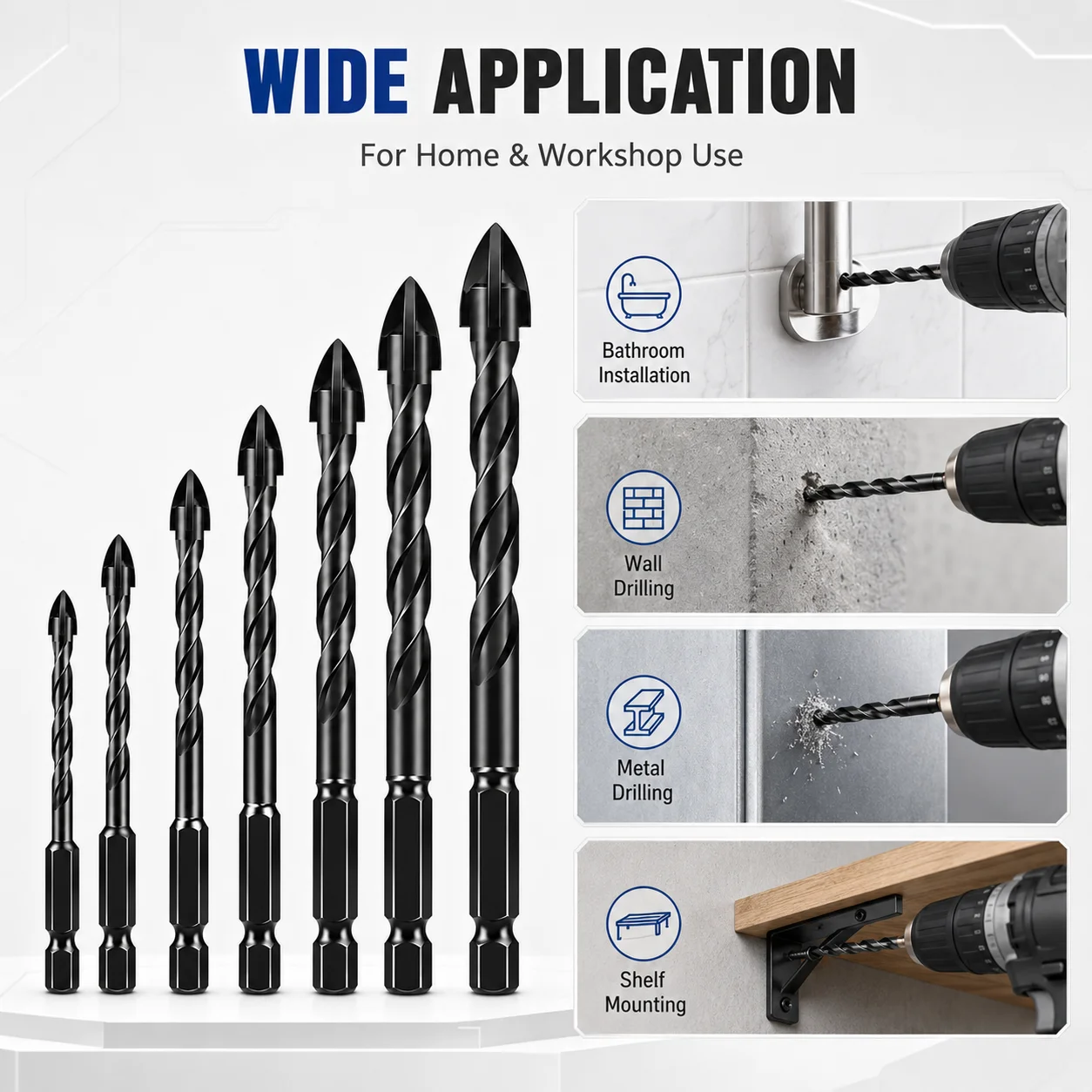 7Pcs Black Cross Tip Tile Drill Bit Set, 3-12mm Hex Shank Carbide Drill Bits for Tile Marble Brick Glass Metal Wood Drilling view 6