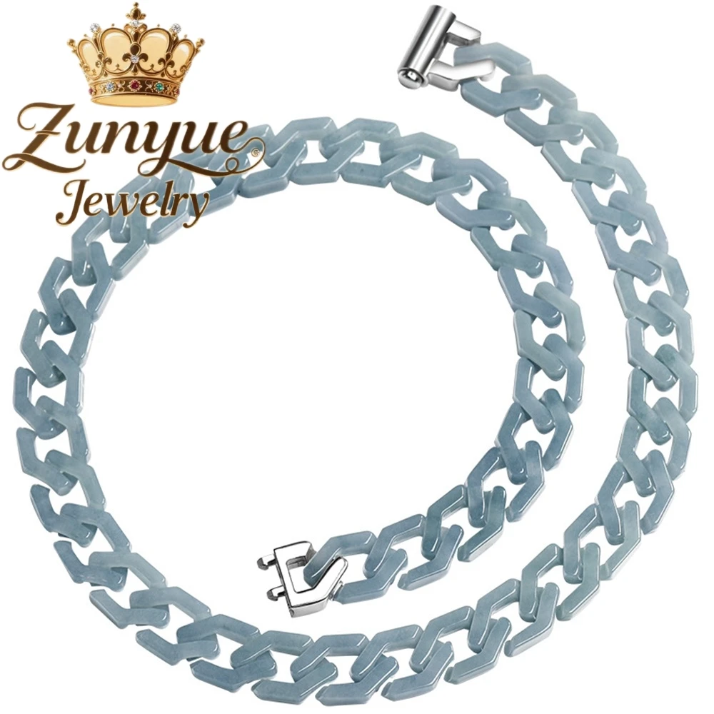 Genuine Natural A-Grade Jade Blue Water Rhombic Cuban Chain Bracelet Necklace Jade Titanium Steel Hip-Hop Style Trend Charms