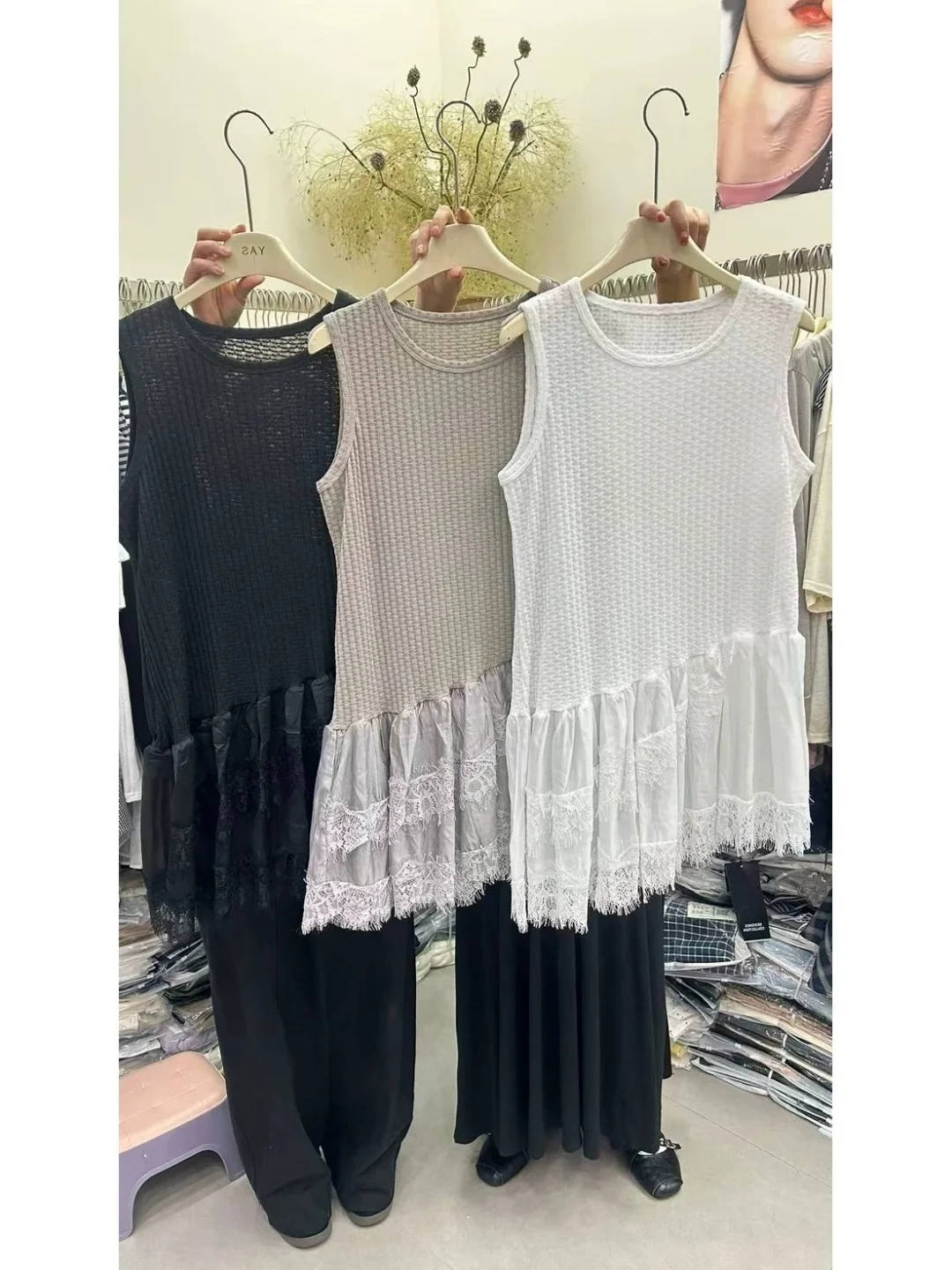 Korean Style round Neck Lace Trim Sleeveless Vest Mid-Length Extra Large Size Outerwear Women Casual Splice Lace Backless