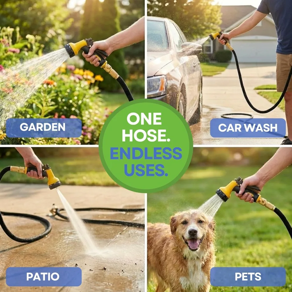 Expandable Garden Hose 50ft with 10-Pattern Nozzle, Brass Connectors, Lightweight & Durable, 3X Expansion, Kink Resistant, Storage Bag Included
