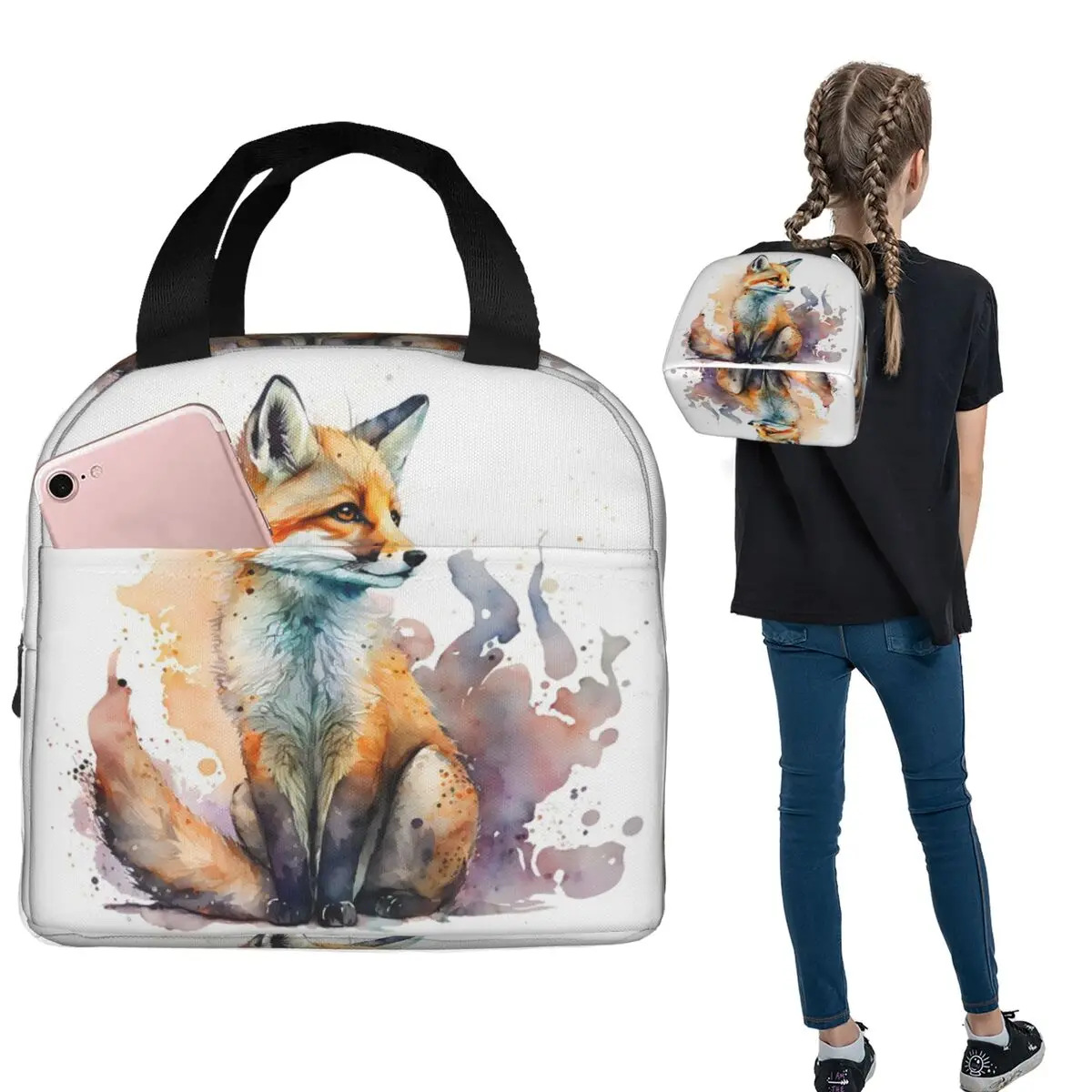 Isolierte Lunchtasche mit niedlichem kleinen Fuchs-Aquarellmuster für Damen und Kinder, auslaufsichere Lebensmittelboxen, Thermo-Lunchbox-Tragetasche