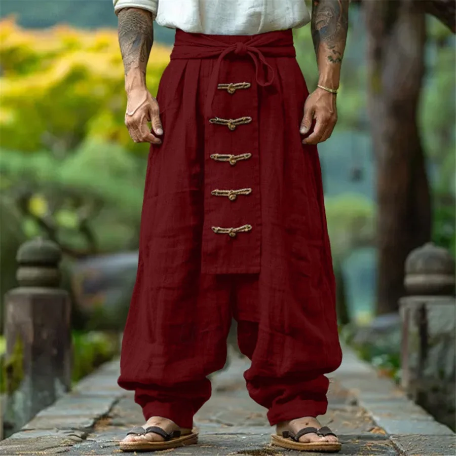 

Retro Casual Cotton Linen Men Wide Leg Pants Spring Autumn 2026 New Men's Solid Color Lace-up Baggy Trousers Loose Streetwear