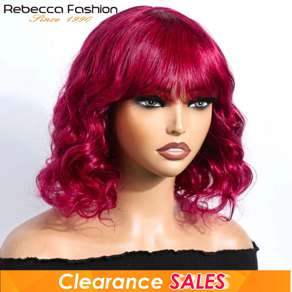

Short Body Wave Bob Human Hair Wigs Natural Remy Hair Wigs With Bangs Ombre Color Loose Wave Wig Friendly for Beginners
